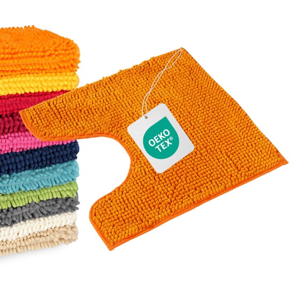 Oranger Chenille-WC-Vorleger mit Ausschnitt und Oeko-Tex-Zertifizierung für schadstoffgeprüfte Textilien.