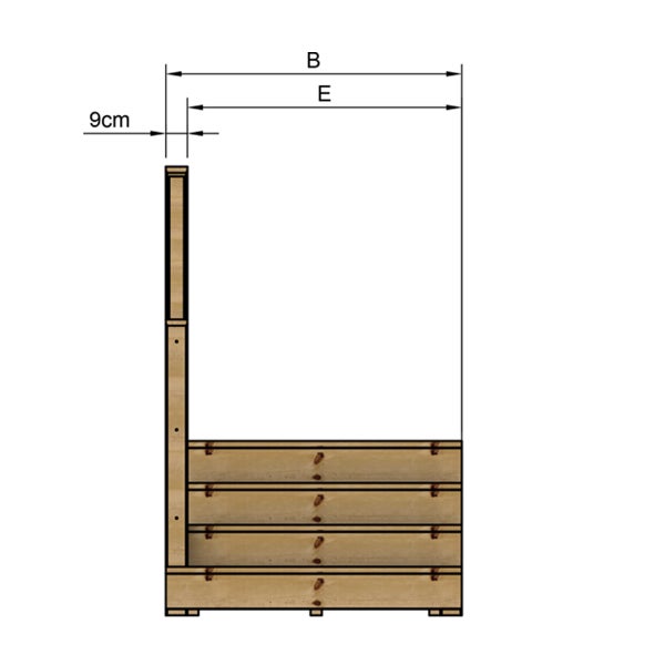 Technische Zeichnung eines Hochbeets mit seitlicher Ansicht und Maßangaben.
