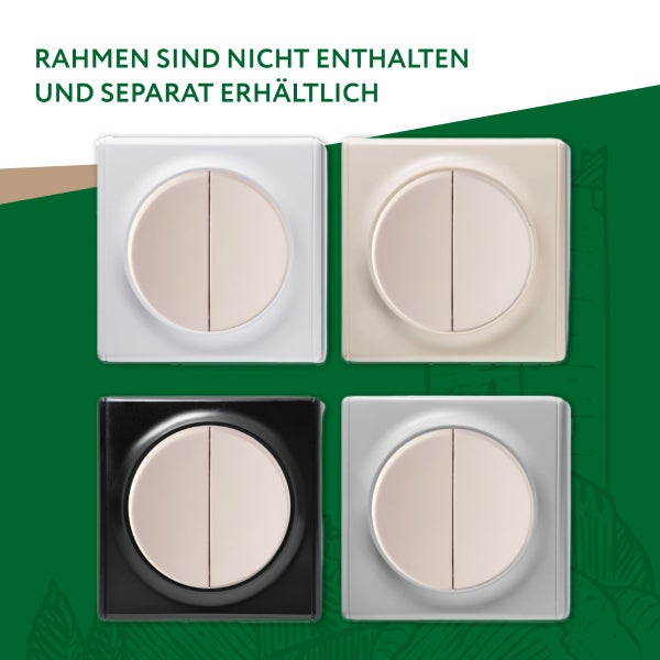 Vier Doppelschalter-Einsätze in verschiedenen Ausführungen, Rahmen sind nicht enthalten und separat erhältlich.
