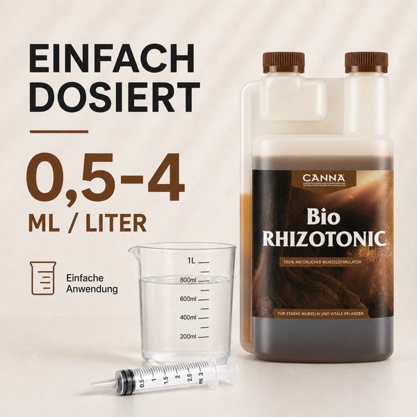 Canna Bio Rhizotonic Wurzeltstimulator Flasche mit Messbecher und Dosierspritze für einfache Anwendung.