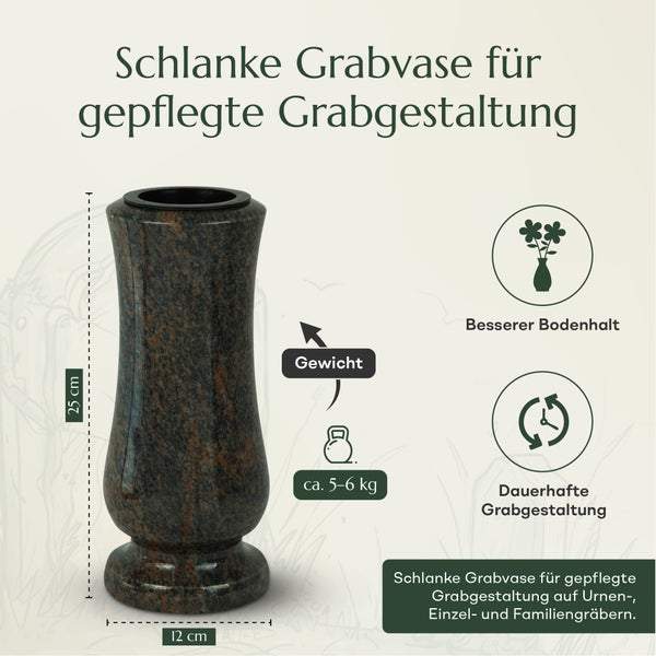 Schlanke Grabvase aus Stein, 25 Zentimeter hoch, mit 12 Zentimetern Durchmesser und circa 5 bis 6 Kilogramm Gewicht zur stabilen Grabgestaltung.