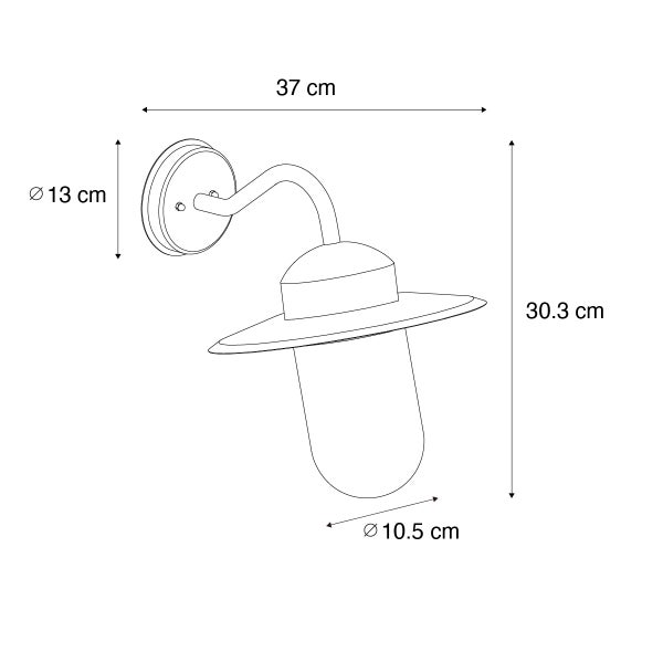 Maßzeichnung einer Außenwandleuchte mit gebogenem Arm. Breite 37 Zentimeter, Höhe 30,3 Zentimeter, Durchmesser Wandhalterung 13 Zentimeter.