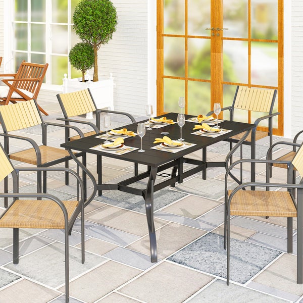 Outsunny Gartentisch Stahl 150x90 cm Wetterfest Balkontisch mit Schirmloch, Lamellen-Design Buffettisch Campingtisch für 6 Personen Terrassentisch Outdoor Esstisch für Garten, Terrasse Balkon Schwarz