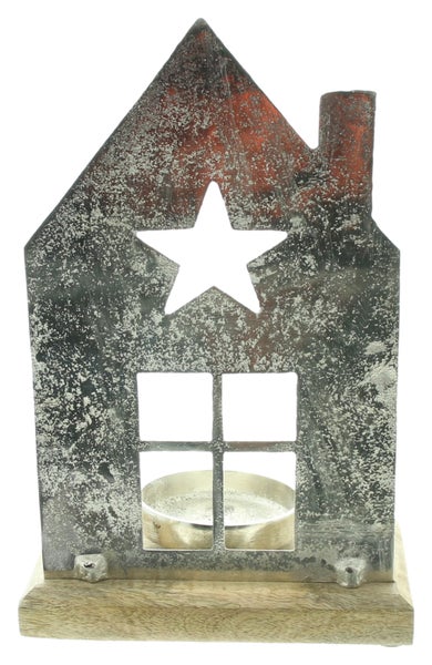 FRANK FLECHTWAREN | Kerzenhalter Haus, 18 x 10 x 27 cm, METALL, MANGOHOLZ