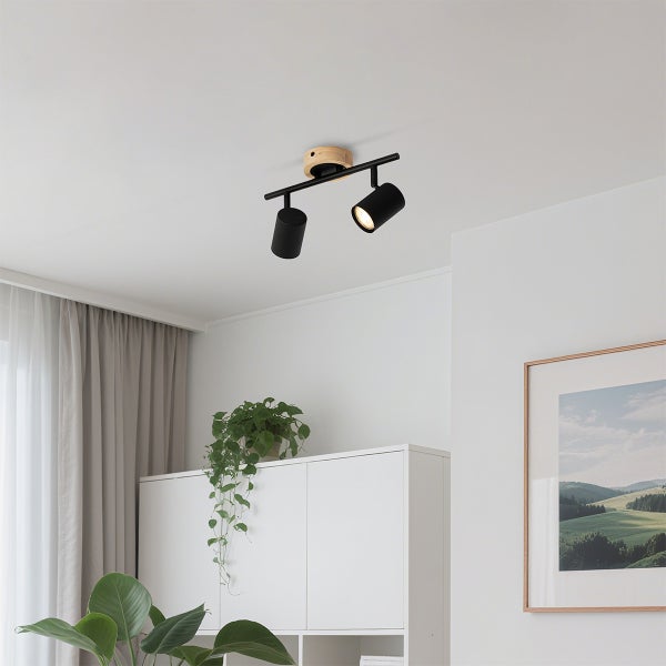 Zweiflammiger Deckenstrahler mit Holz und Metall im modernen Wohnraum mit Zimmerpflanze und Bild