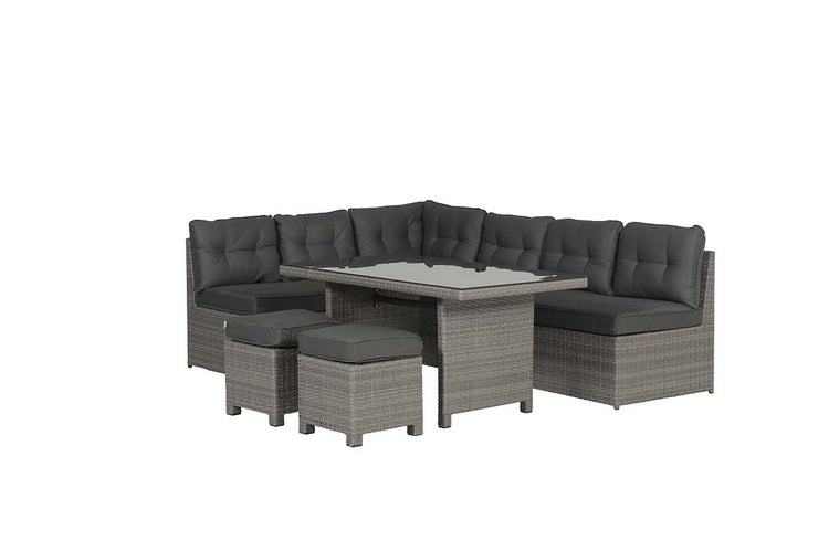 Garten-Lounge-Set aus Polyrattan bestehend aus Ecksofa, zwei Hockern und Tisch mit Glasplatte inklusive grauen Polstern.