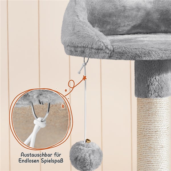 Detailansicht eines Kratzbaums mit austauschbarem Spielzeug zur Unterhaltung von Katzen