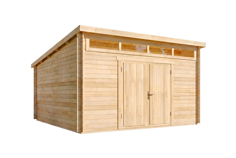 Gartenhaus aus Holz mit Pultdach, Doppeltür und Oberlicht-Fenstern.