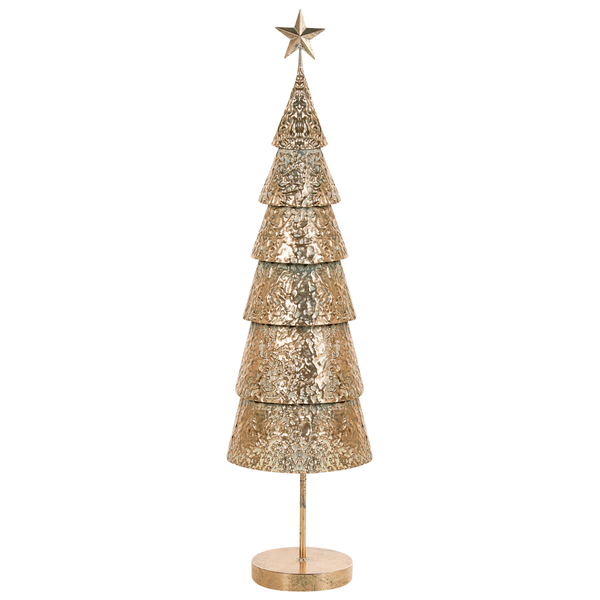 Dekorativer Weihnachtsbaum aus Metall mit strukturierter Oberfläche und Sternspitze auf einem Standfuß