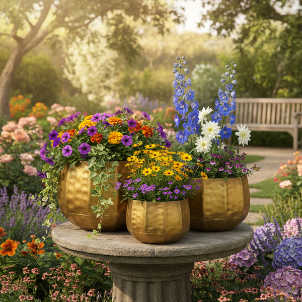 Drei goldfarbene, gehämmerte Pflanztöpfe verschiedener Größe mit Rittersporn und Petunien auf einem Steinsockel in einem hellen Garten.