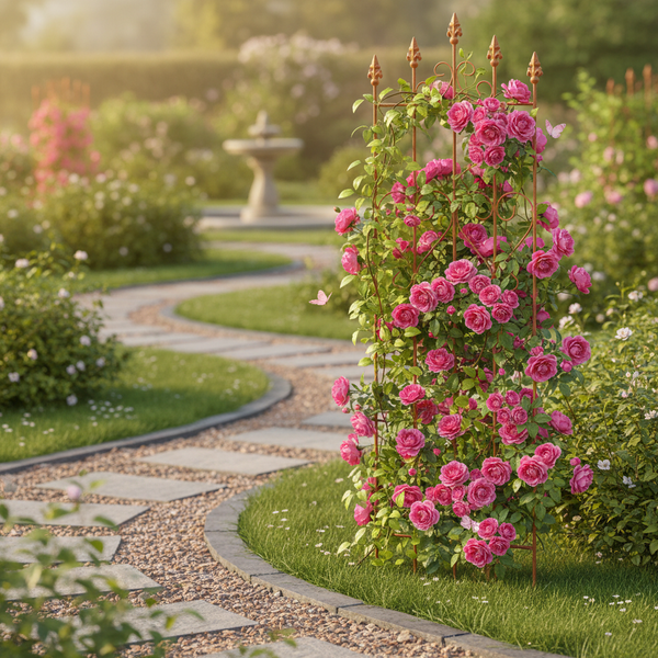 Rankhilfe aus Metall mit pinken Rosen in einem hellen Garten mit geschwungenem Weg aus Trittsteinen und Kies sowie einem Brunnen im Hintergrund.