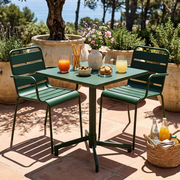 Grünes Gartenmöbel-Set aus Metall bestehend aus einem quadratischen Tisch und zwei Stühlen mit Armlehnen auf einer sonnigen Terrasse.