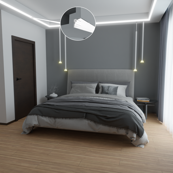 Schlafzimmer mit indirekter Beleuchtung an der Decke und Detailansicht des Beleuchtungsprofils.