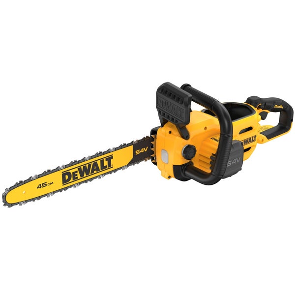 DeWalt Akku-Kettensäge mit 54 Volt und einer Schwertlänge von 45 Zentimeter.