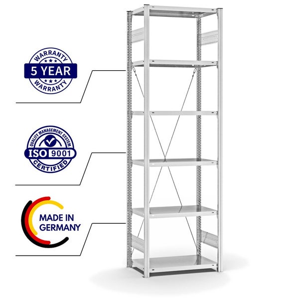 PROREGAL Fachbodenregal Stecksystem T-Profil Light-Duty Grundregal HxBxT 250 x 75 x 40 cm 6 Ebenen Fachlast 145 kg Einseitig Nutzbar Lichtgrau