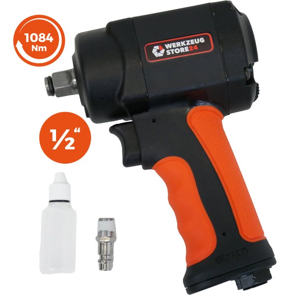 Werkzeug Store24 Druckluft-Schlagschrauber mit einem Drehmoment von 1084 Newtonmeter, einer Größe von 1/2 Zoll, einer Ölflasche und einem Nippel
