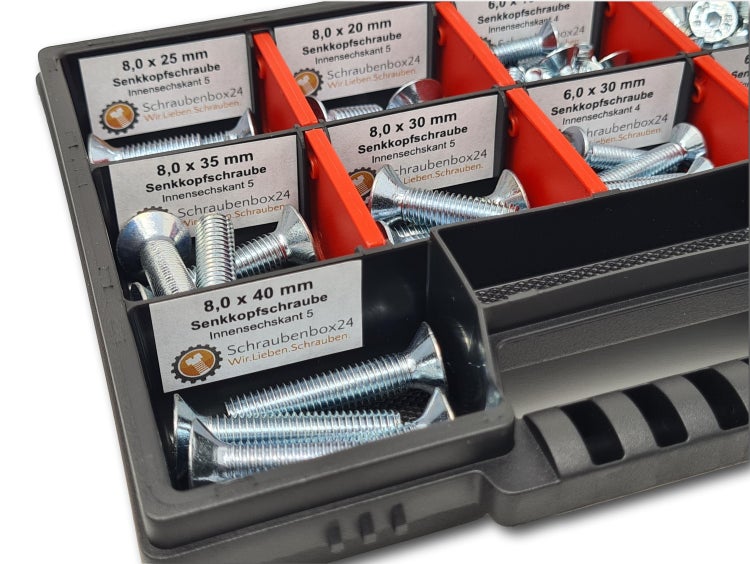 Senkkopfschrauben Sortiment M6-M8 // 10mm-40mm 105 tlg. Schraubenbox DIN 7991/ISO 10642 Bolzen Vollgewindeschrauben Maschinenschrauben Gewindeschrauben Senkkopfschrauben