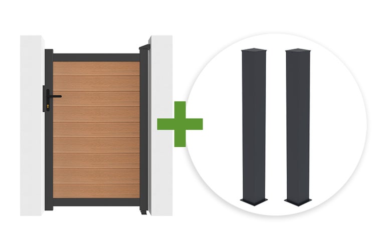 Gartentor-Set mit anthrazitfarbenem Aluminiumrahmen und Holzoptik-Lamellen, inklusive zwei passender Pfosten.