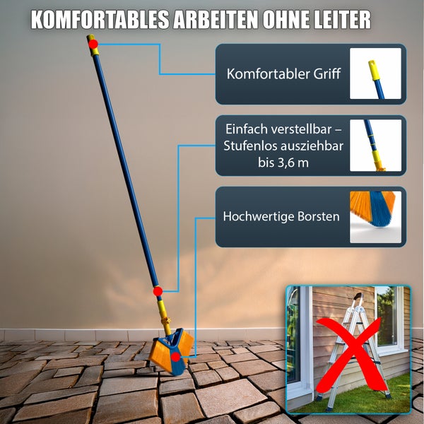 Illustration einer verstellbaren Reinigungsbürste mit Teleskopstiel und dem Hinweis auf komfortables Arbeiten ohne Leiter.