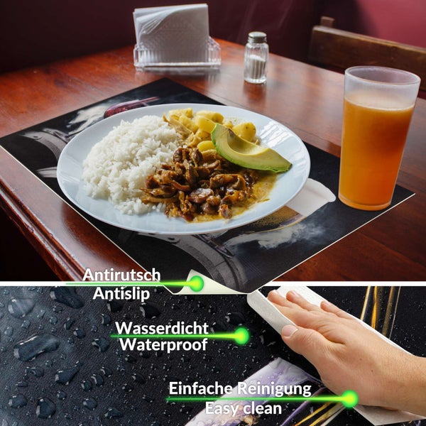 Platzset auf Holztisch mit Teller und Saft, Merkmale: antirutsch, wasserdicht und einfach zu reinigen.