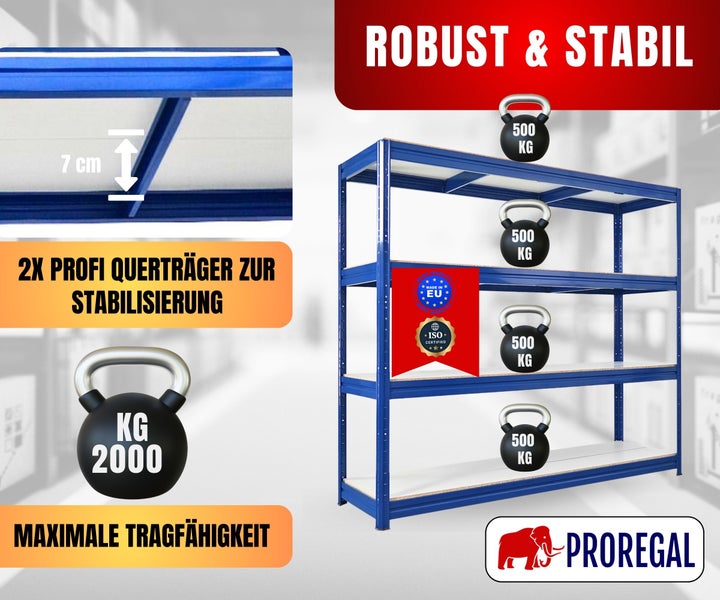 Schwerlastregal aus Metall, 4 Holzböden, Tragkraft 2000 Kilogramm, 2 Querträger mit 7 Zentimeter Höhe, Proregal Logo, Hergestellt in Europa.