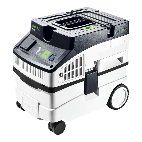 Festool Absaugmobil CT 15 E CLEANTEC in Schwarz und Weiß auf Rollen mit Bedienfeld.