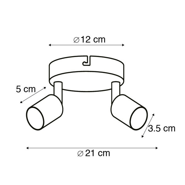 Technische Zeichnung einer Deckenleuchte mit zwei Strahlern und Maßangaben