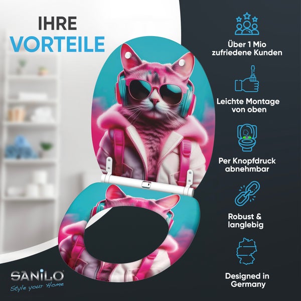 WC Sitz mit Katzenmotiv von Sanilo inklusive Informationen zu Vorteilen wie Montage von oben, abnehmbar per Knopfdruck und robuster Bauweise.