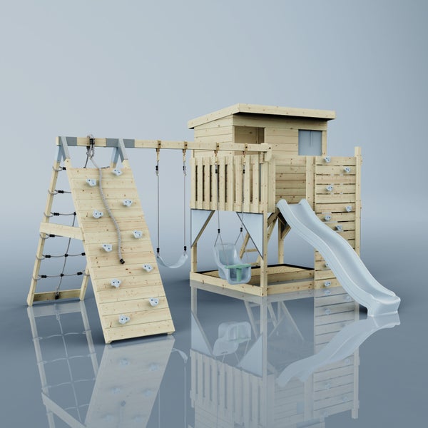 Spielturm aus Holz mit Pultdach, Wellenrutsche, Doppelschaukel, Kletterwand mit Griffen und Sandkasten.