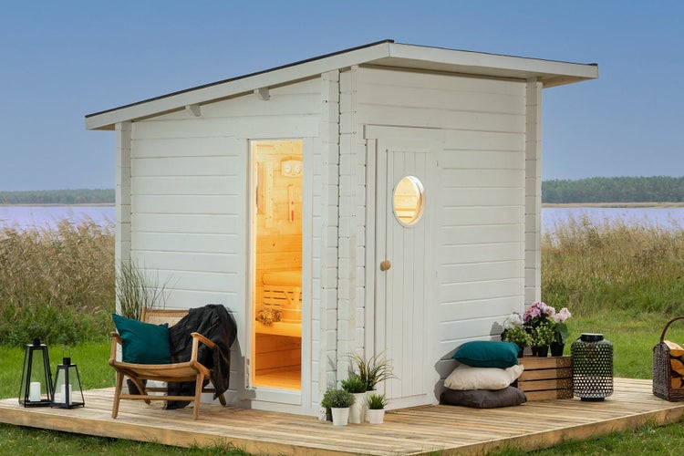 Polhus Alpholz Sauna Jussi Gartensauna 2 Sitzbänke aus Holz, Sauna mit 70 mm Wandstärke Außensauna, Naturbelassen