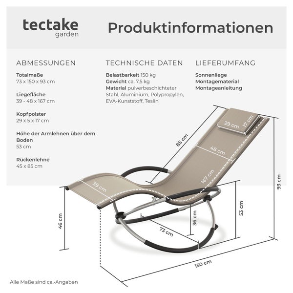 Produktinformationen für die tectake garden Gartenliege mit Abmessungen in Zentimetern, technischen Daten und Lieferumfang.