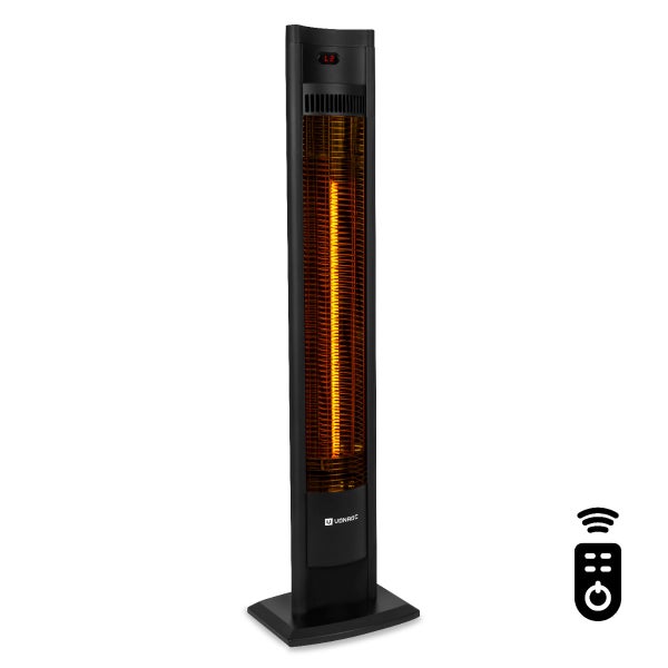 Stand-Terrassenheizstrahler von Vonroc in Schwarz mit Carbon-Heizelement, Digitalanzeige und Fernbedienung.