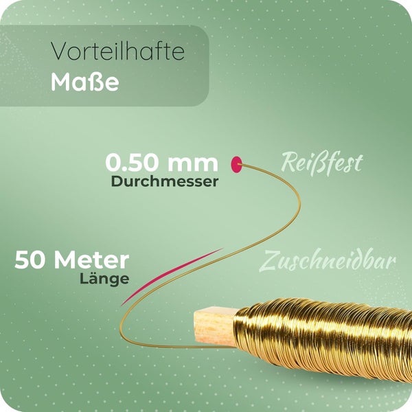 Basteldraht auf Holzstab, 0,50 Millimeter Durchmesser, 50 Meter Länge, reißfest und zuschneidbar.