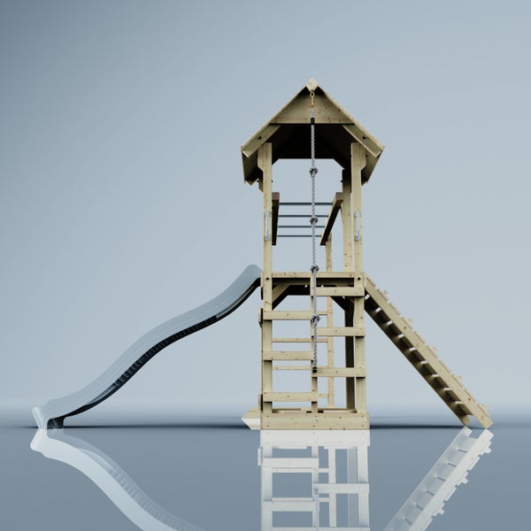 Spielturm aus Holz mit Rutsche, Leiter und Kletterseil