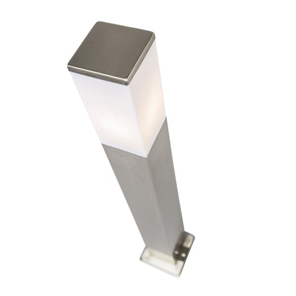 Moderne quadratische Wegeleuchte aus Edelstahl mit weißem Kunststoff-Diffusor für den Außenbereich.