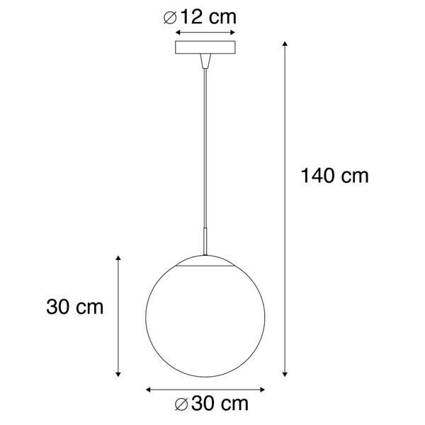 Technische Zeichnung einer Pendelleuchte mit Kugelform und Größenangaben