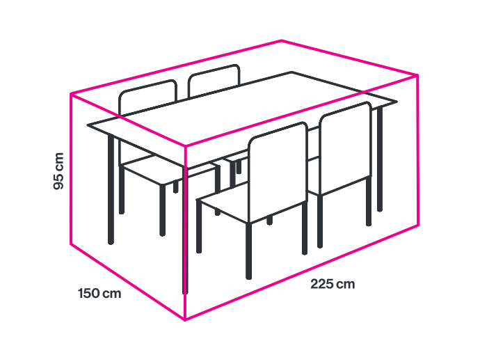 Abbildung einer rechteckigen Tischgruppe mit sechs Stühlen und Maßangaben