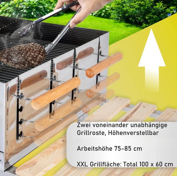RESCH 502599 Edelstahl Grillwagen – 145 x 90 x 60 cm, Holzkohle-Grill für 10 Personen, Großer fahrbarer Standgrill für Garten, Balkon, Terrasse & Camping