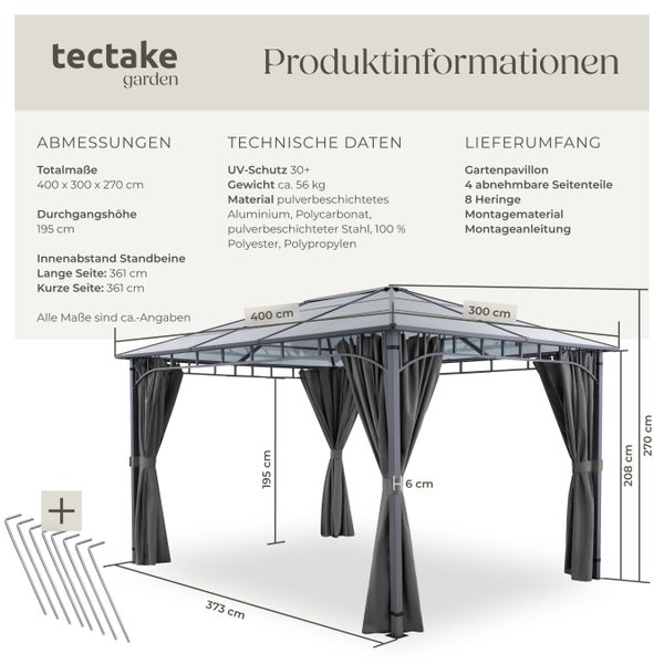 Gartenpavillon tectake Caracas inklusive 8 Heringen mit Aluminiumgestell, pulverbeschichtet grau