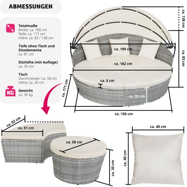 Rattan Sonneninsel tectake Sansibar variabel aufstellbar mit Aluminiumgestell hellgrau