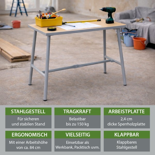 Klappbare Werkbank mit Stahlgestell, 2,4 Zentimeter dicker Sperrholzplatte, Arbeitshöhe circa 84 Zentimeter, Tragkraft 150 Kilogramm.