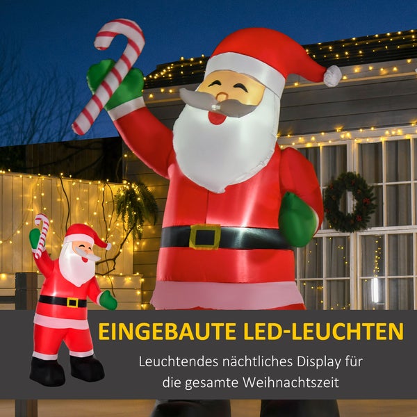 HOMCOM Aufblasbarer Weihnachtsmann mit Zuckerstange, 250 cm LED mit Gebläse, 140 x 85 x 250 cm, Polyester, Weiß+Rot+Grün