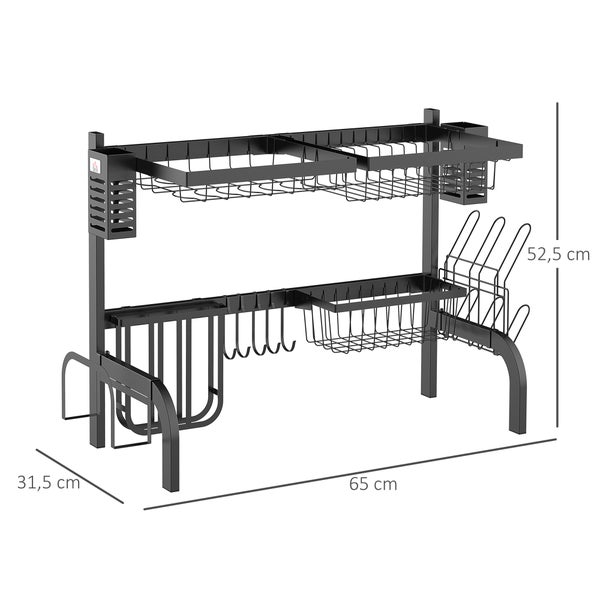 HOMCOM Abtropfgestell Geschirr, 2-stufiges Abtropfständer mit Haken, Tellerregal, Zubehör, 65 cm Abtropfgitter Gestell für Küchenspüle, Stahl, Schwarz