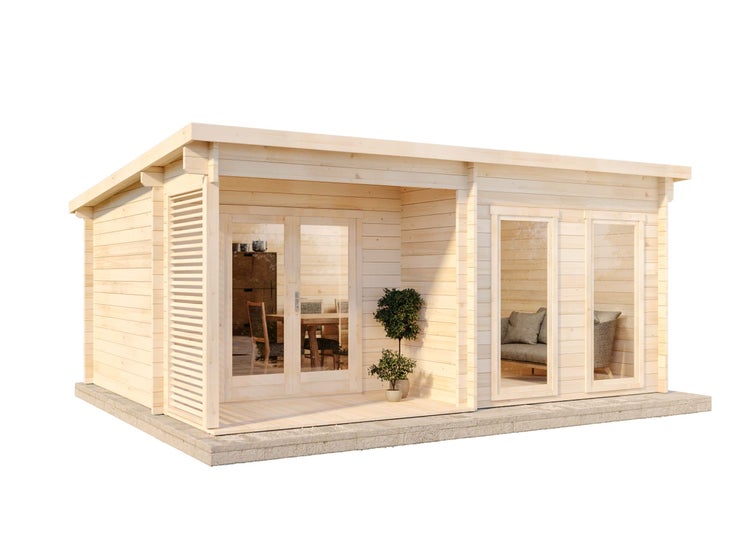 Holz Gartenhaus mit Terrasse und Glasschiebetüren