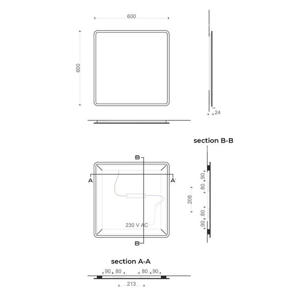 Maßzeichnung eines quadratischen LED-Panels, 600 mal 600 Millimeter, Tiefe 24 Millimeter, mit Details zur Vorder-, Seiten- und Rückansicht.