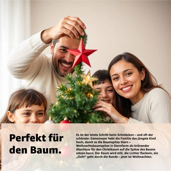 Familie schmückt Weihnachtsbaum mit Sternspitze
