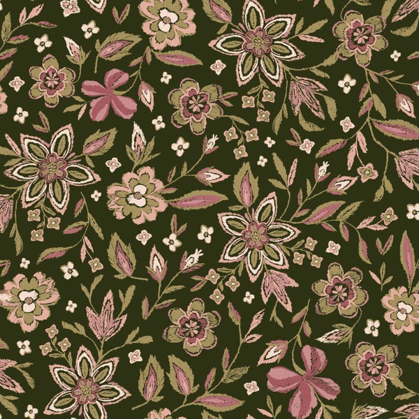Florales Muster in Stickerei-Optik mit Blumen und Blättern in Rosa und Beige.