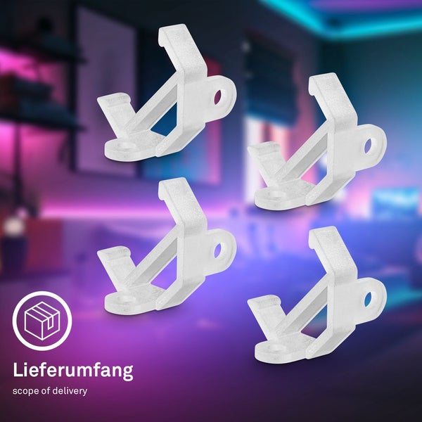 Vier Montageclips für LED-Streifen aus Kunststoff, Lieferumfang.