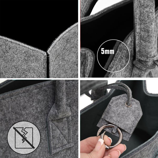 Details einer Filztasche mit 5 Millimeter Wandstärke, verstärkten Griffen und Metallring Anhänger.