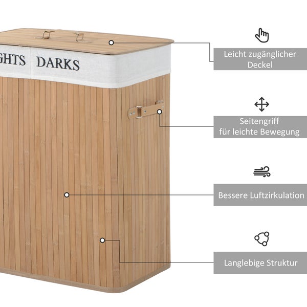 HOMCOM Bambus Wäschekorb mit Deckel 100 L Wäschesammler mit PU-Griffen, Wäschesack aus Segeltuch, Laundry Baskets Wäschesortierer für Waschküche Schlafzimmer Badezimmer Natur